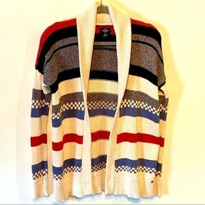 American Eagle Striped Knit Open Cardigan Sweater - Cream Black Grey Blue Red XS